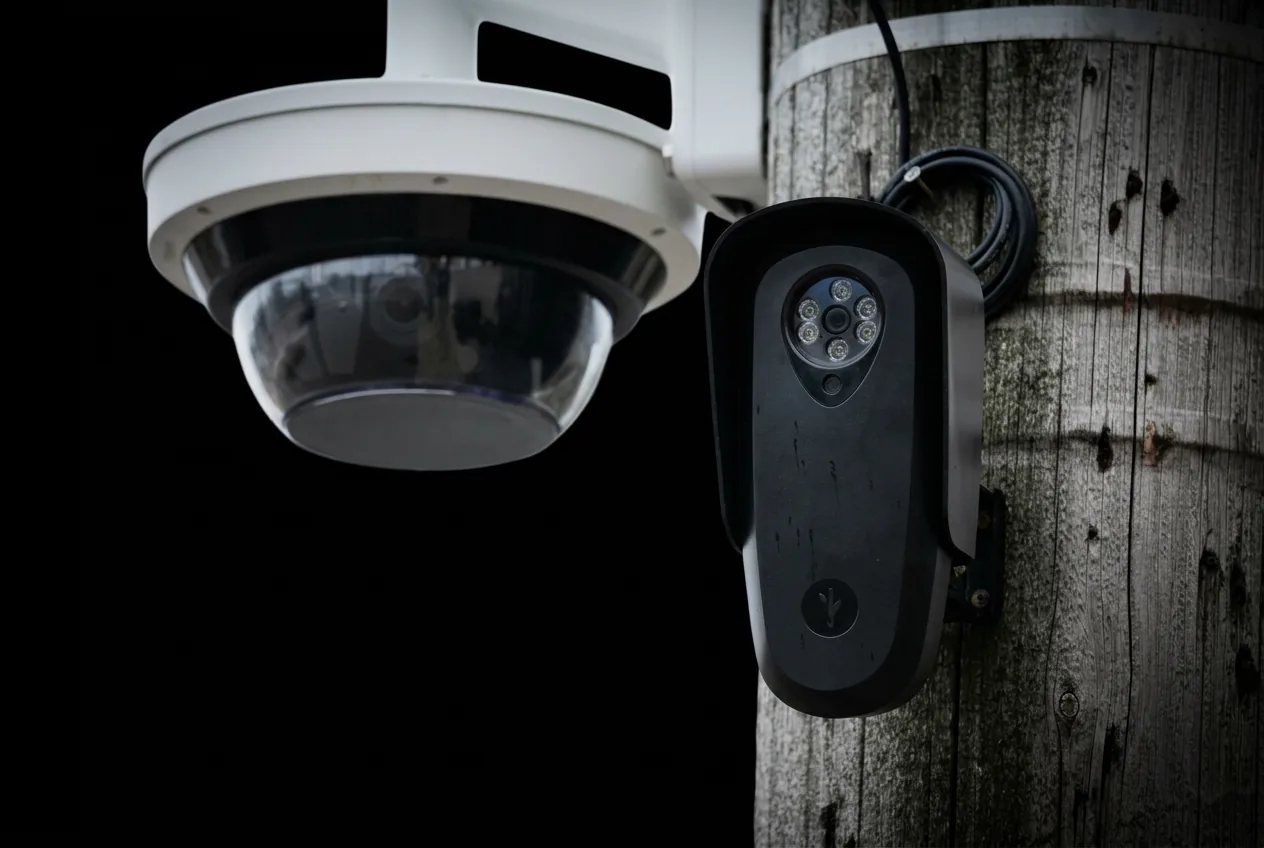 A Flock Safety plate reader and a dome camera mounted on a wooden utility pole against a black sky